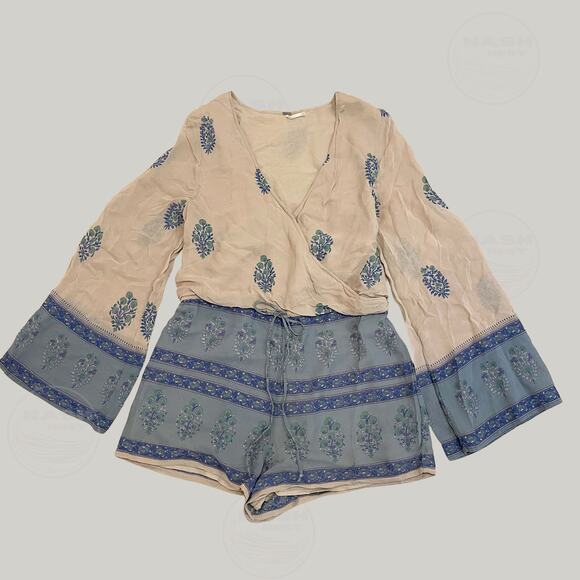 Free People M Janpath Romper | Boho Bell Sleeve, Fall Floral, Blue Beige - Picture 2 of 7